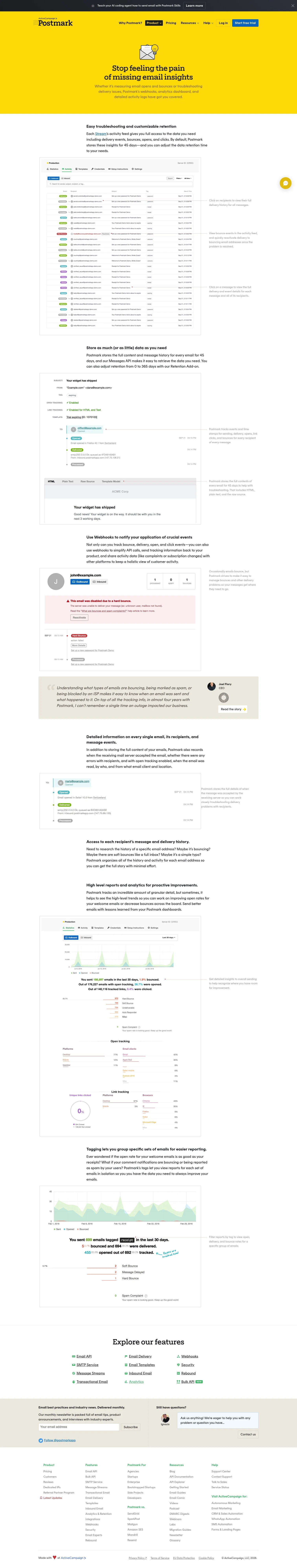 postmarkapp.com/email-analytics on desktop, full screenshot