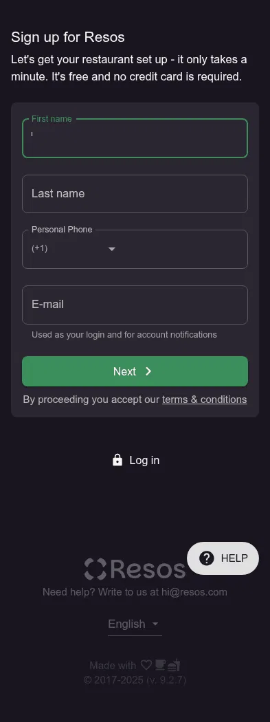 app.resos.com/register on mobile, full screenshot