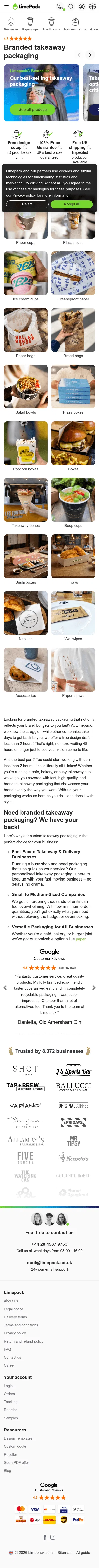 limepack.co.uk/branded-takeaway-packaging on mobile, full screenshot