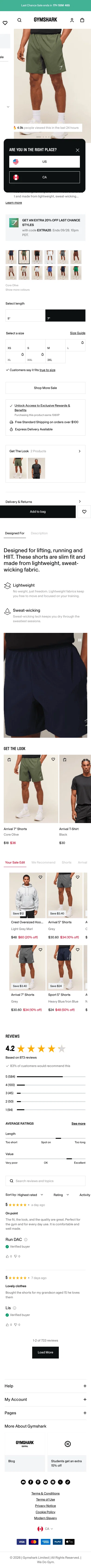 ca.checkout.gymshark.com/products/gymshark-arrival-7-shorts-core-olive-ss22 on mobile