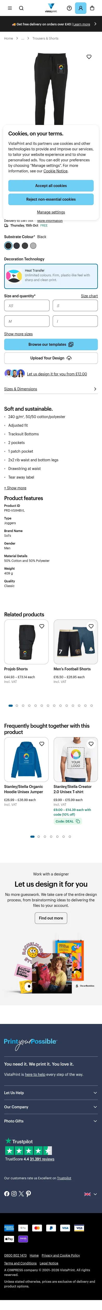 vistaprint.co.uk/clothing-bags/trousers-shorts/sol-s-r-jake-sweatpants on mobile, full screenshot