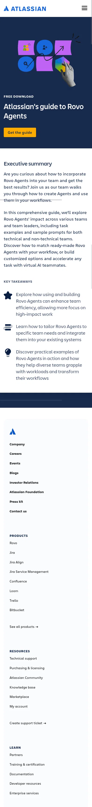 atlassian.com/whitepapers/rovo-agents-guide on mobile, full screenshot