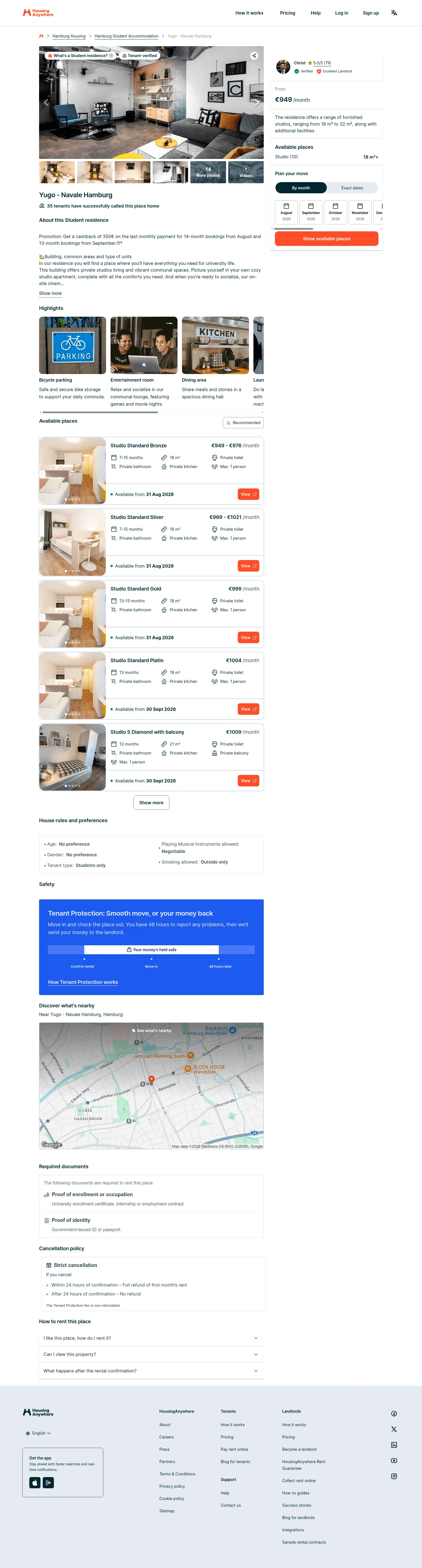 housinganywhere.com/s/Hamburg--Germany/student-accommodation/yugo---navale-hamburg-1036840 on desktop, full screenshot