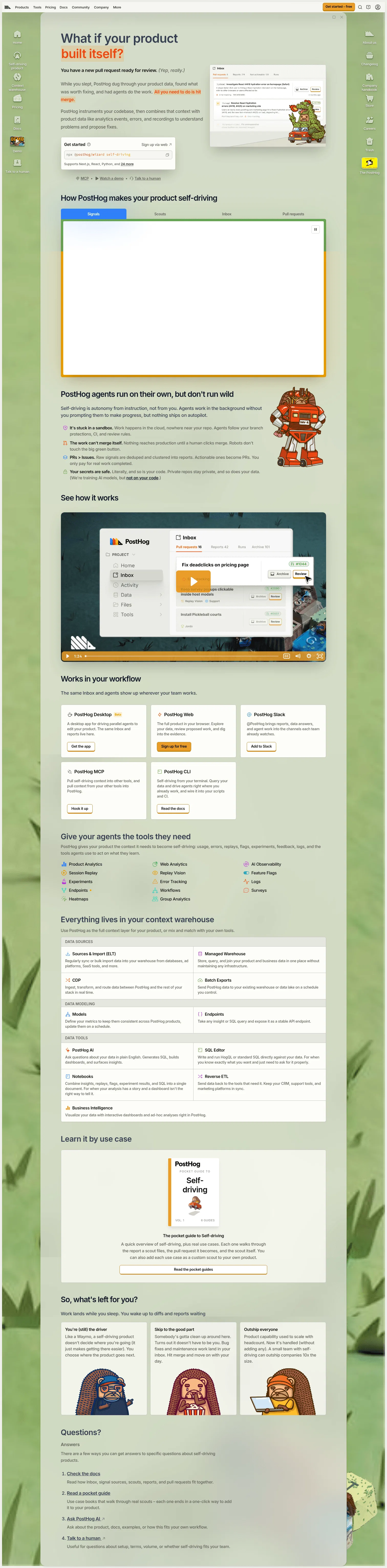 posthog.com/self-driving on desktop, full screenshot