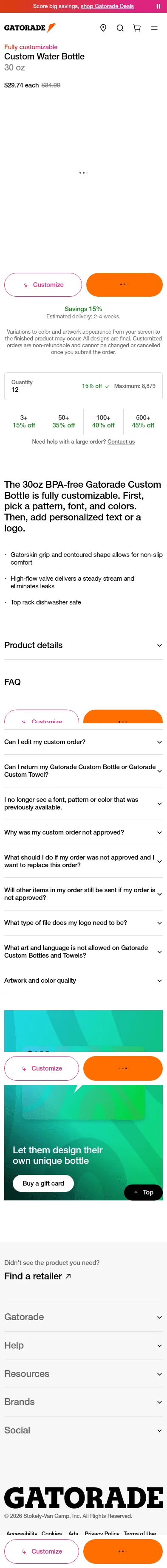 gatorade.com/bulk-orders/fully-customizable/customizable-00052000055436 on mobile, full screenshot