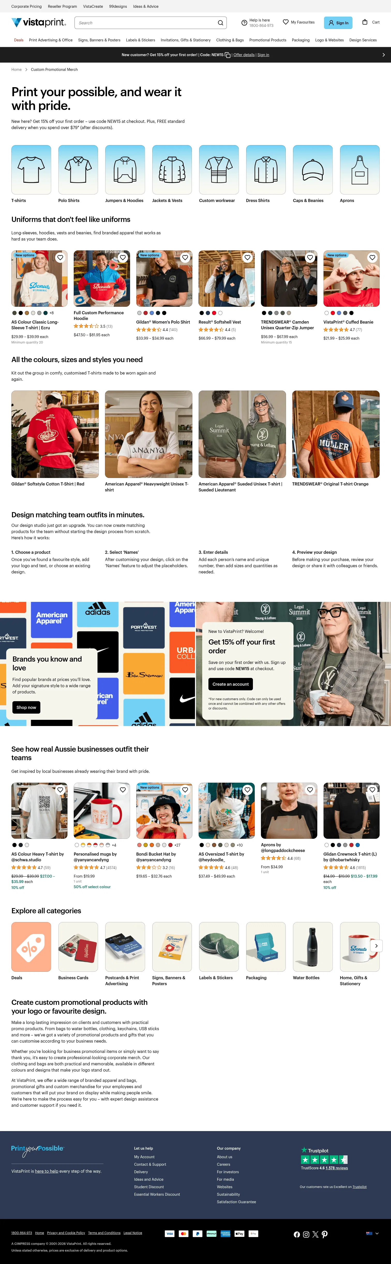 vistaprint.com.au/custom-promotional-merch on desktop, full screenshot