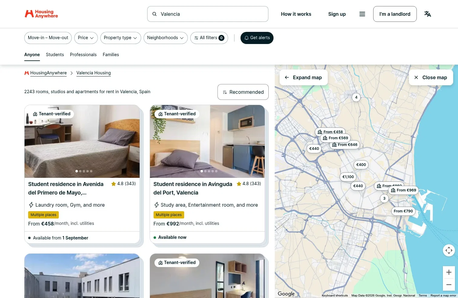 housinganywhere.com/s/Valencia--Spain on desktop, full screenshot