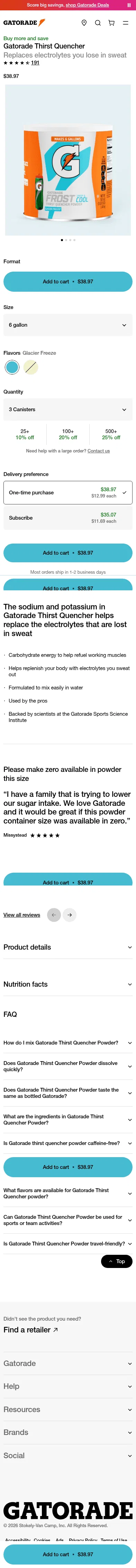 gatorade.com/bulk-orders/gatorade-thirst-quencher/glacier-freeze-6-gallon-canister-00052000340242 on mobile, full screenshot