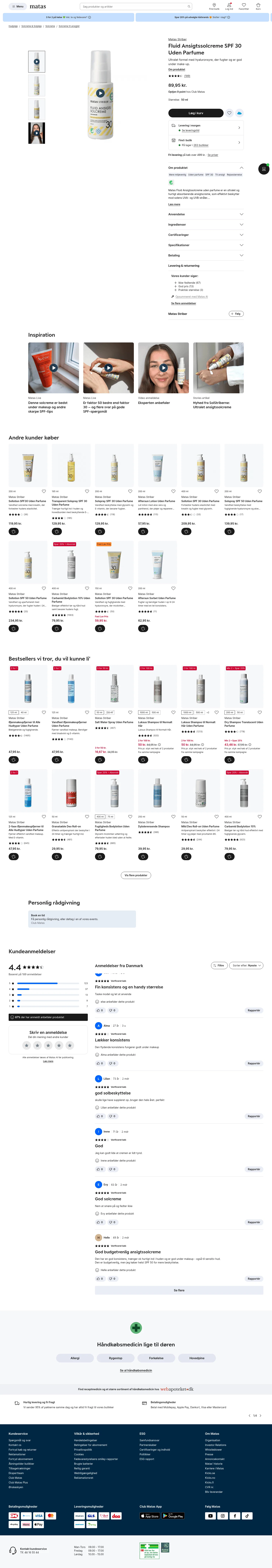 matas.dk/matas-striber-fluid-ansigtssolcreme-spf-30-50-ml on desktop, full screenshot