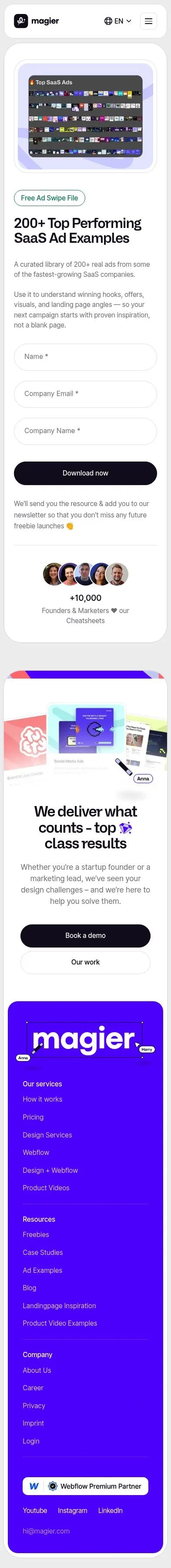 magier.com/resources/top-200-saas-ad-examples on mobile, full screenshot