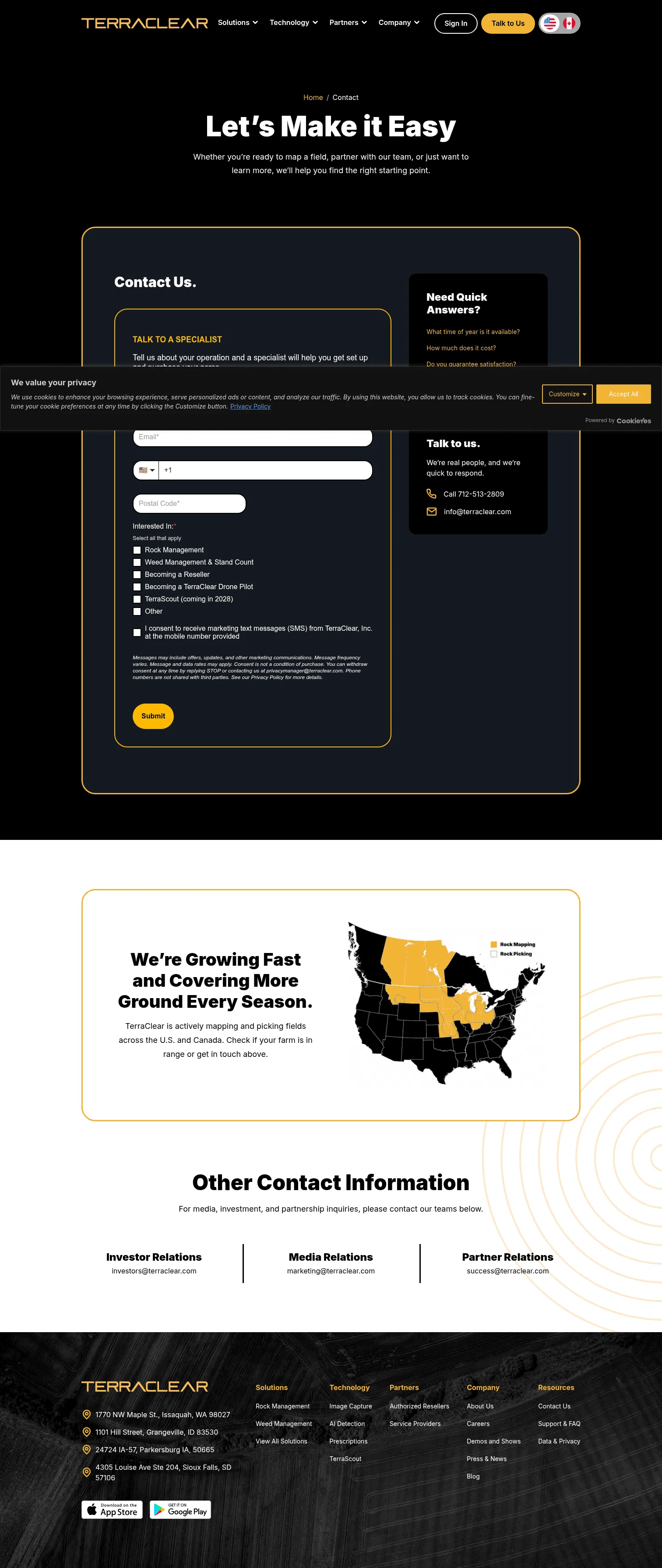 terraclear.com/contact on desktop, full screenshot