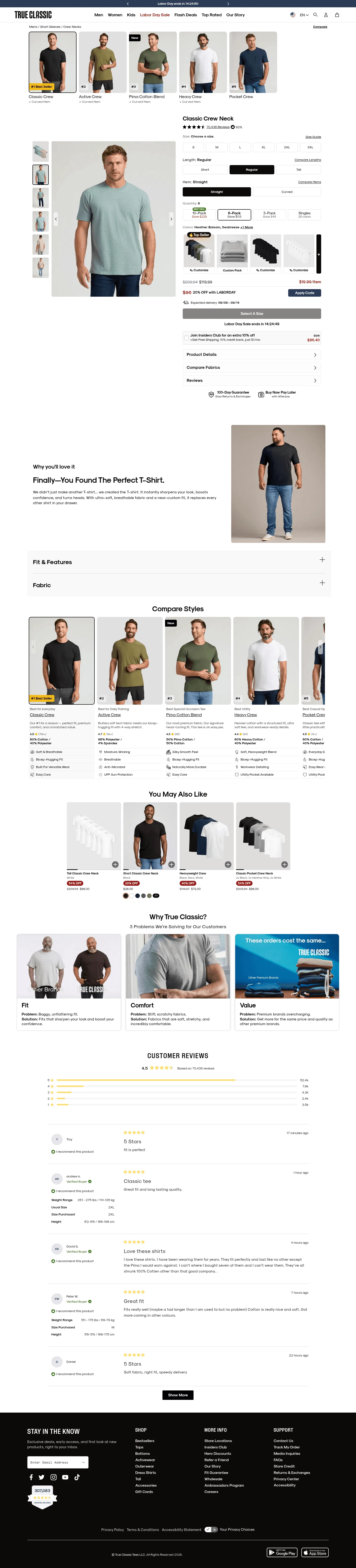 trueclassictees.com/products/short-sleeve-classic-crews-6-pack on desktop, full screenshot