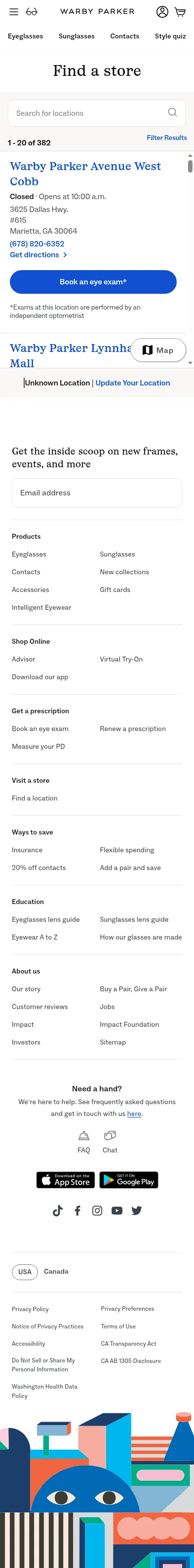 warbyparker.com/retail on mobile