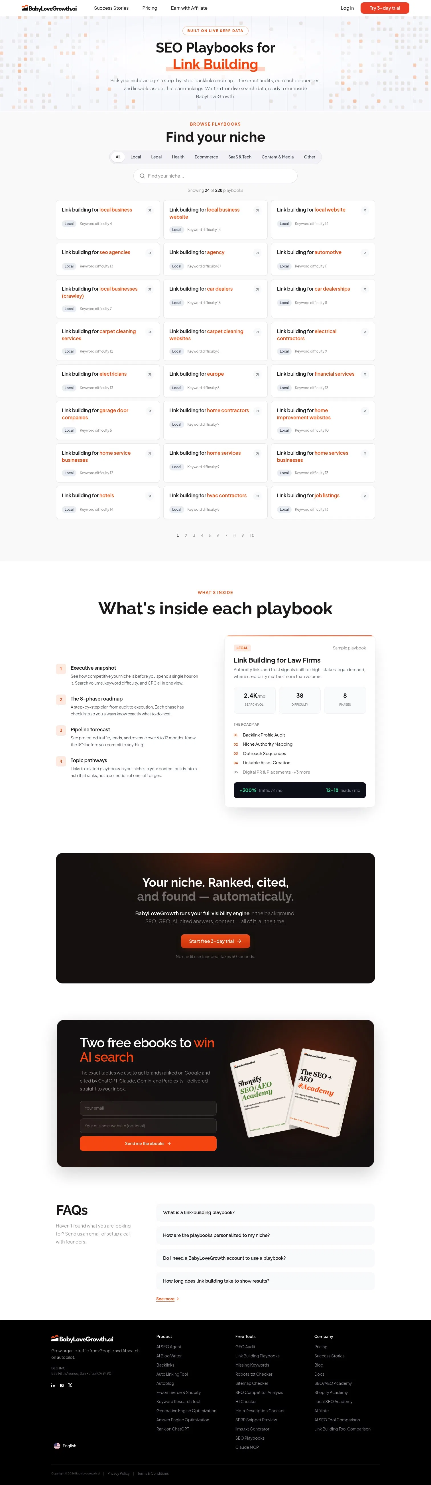 babylovegrowth.ai/en/link-building-playbooks on desktop, full screenshot