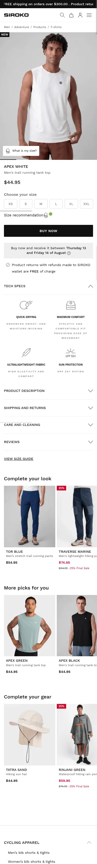 siroko.com/p/apex-white-trail-running-tank-top-men on mobile, full screenshot