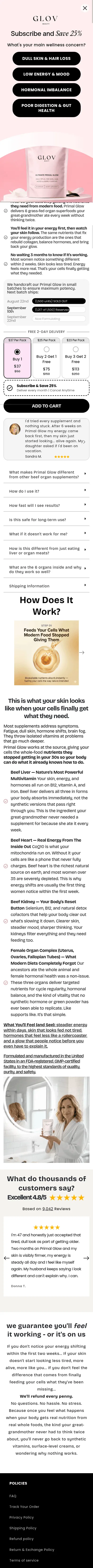 glovbeauty.com/products/glov-primal-glow-beef-organ-complex-capsules on mobile, full screenshot
