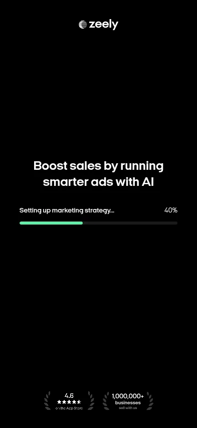 zeely.ai/start/adlaunch on mobile, full screenshot