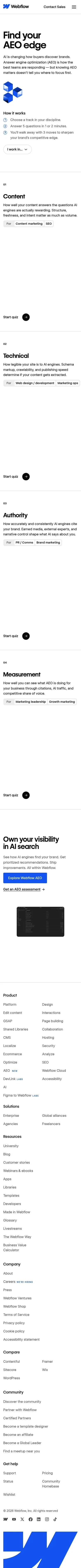 webflow.com/quiz/aeo on mobile, full screenshot