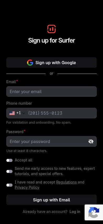 app.surferseo.com/register on mobile