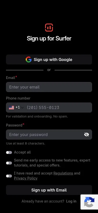 app.surferseo.com/register on mobile, full screenshot