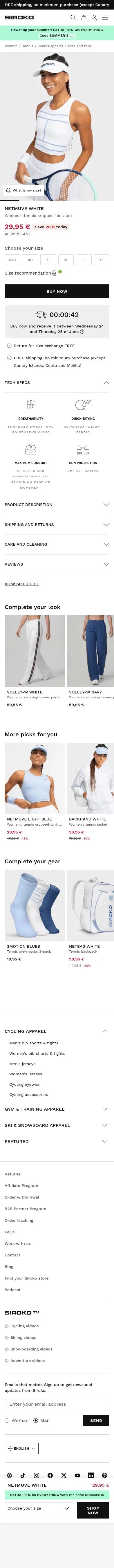 siroko.com/p/netmuve-white-tennis-cropped-tank-top-women on mobile, full screenshot