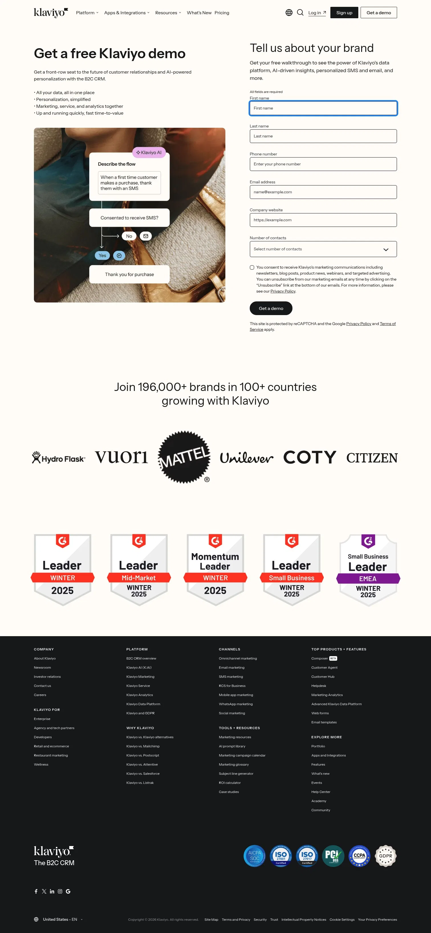klaviyo.com/de/demo-request on desktop, full screenshot