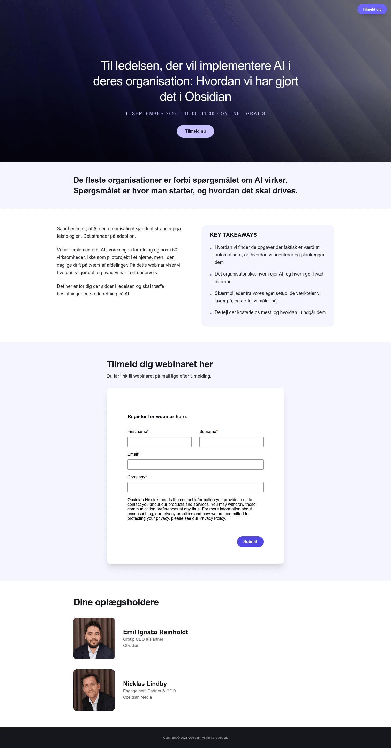 events.obsidianagency.com/ai-implementering on desktop, full screenshot