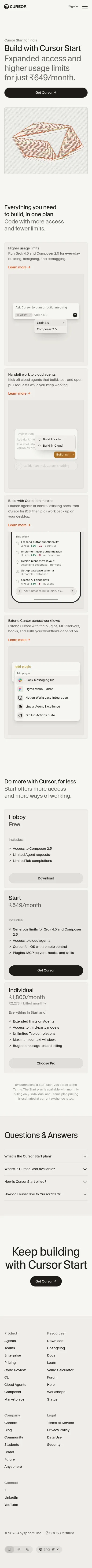 cursor.com/start on mobile, full screenshot