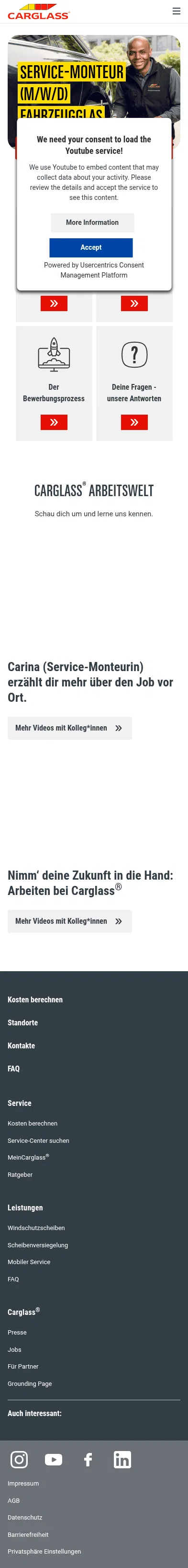 carglass.de/ueber-uns/unternehmen/jobs/kfz-mechaniker-autoglas on mobile, full screenshot