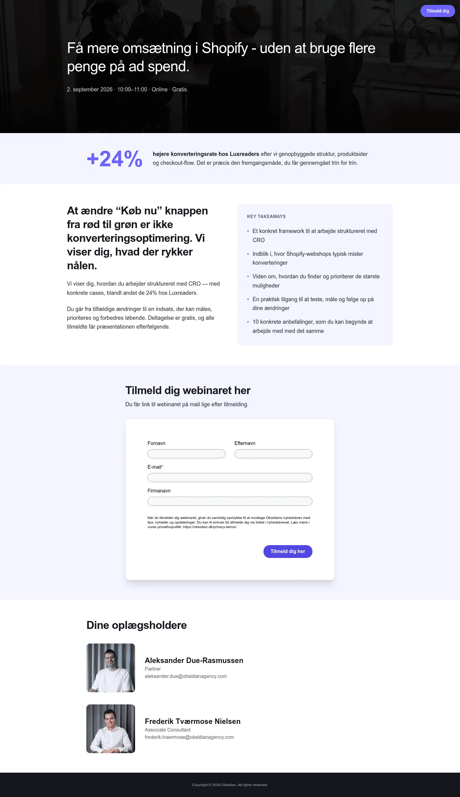 events.obsidianagency.com/shopify-cro-webinar on desktop, full screenshot