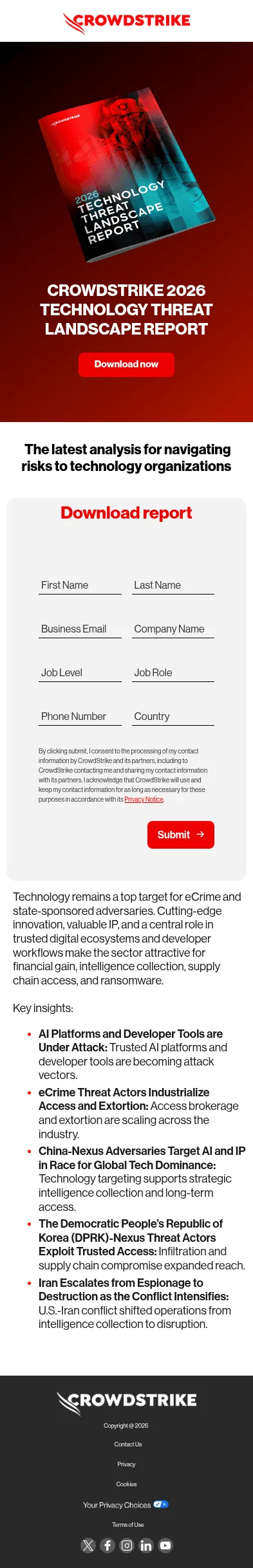 go.crowdstrike.com/2026-technology-threat-landscape-report.html on mobile, full screenshot