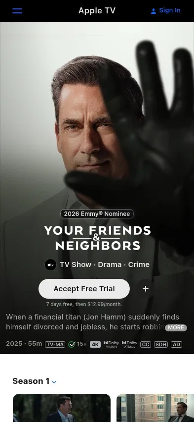tv.apple.com/us/show/your-friends--neighbors/umc.cmc.74o37kzay0yuuub8iumddjsg on mobile, full screenshot