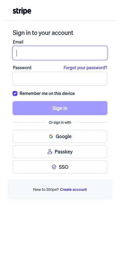 dashboard.stripe.com/login on mobile, full screenshot