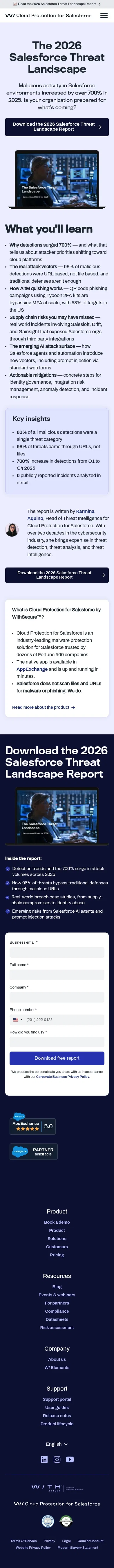 cloudprotection.com/page/2026-salesforce-threat-report on mobile, full screenshot