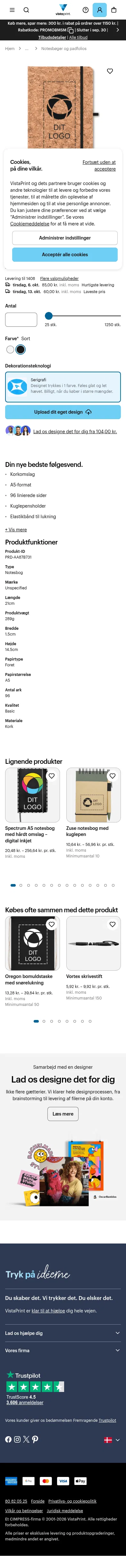 vistaprint.dk/reklameartikler/skrive-og-kontorartikler/notesboeger-og-padfolios/suber-a5-notesbog-i-kork on mobile, full screenshot