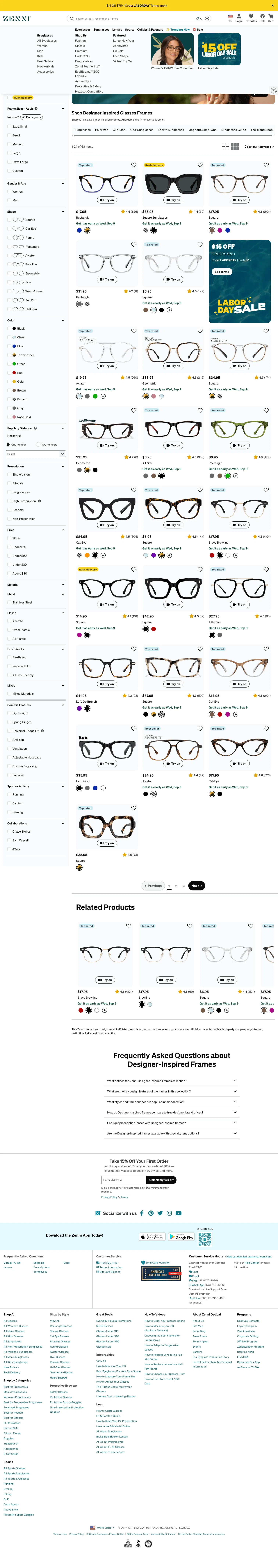 zennioptical.com/b/eyewear/designer-inspired-frames on desktop, full screenshot