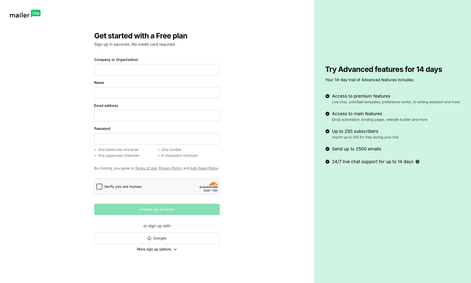accounts.mailerlite.com/signup on desktop, full screenshot