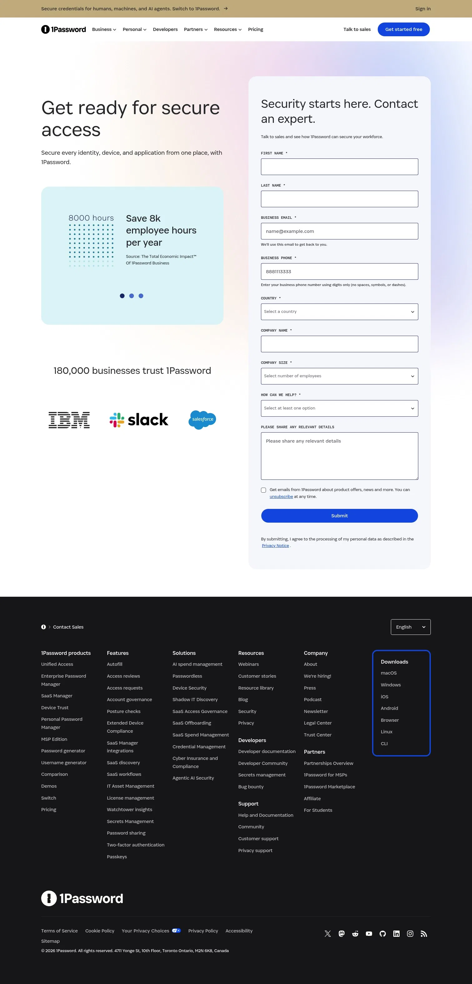 1password.com/contact-sales on desktop, full screenshot