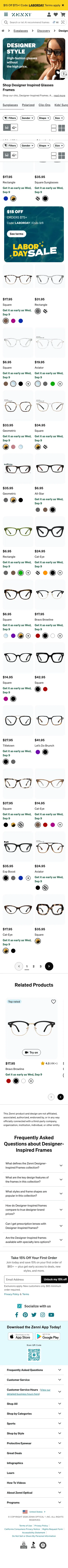 zennioptical.com/b/eyewear/designer-inspired-frames on mobile, full screenshot