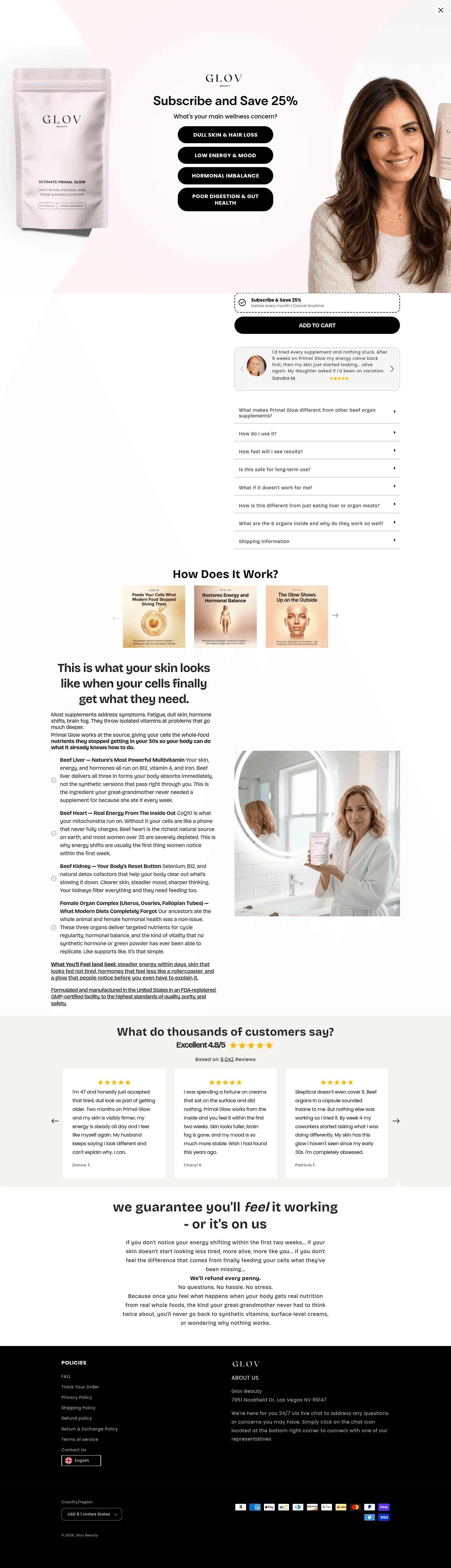 glovbeauty.com/products/glov-primal-glow-beef-organ-complex-capsules on desktop, full screenshot