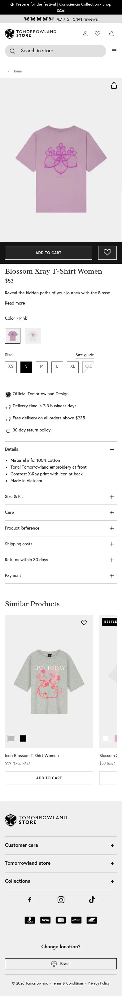 store.tomorrowland.com/products/blossom-xray-t-shirt-women-pink on mobile, full screenshot