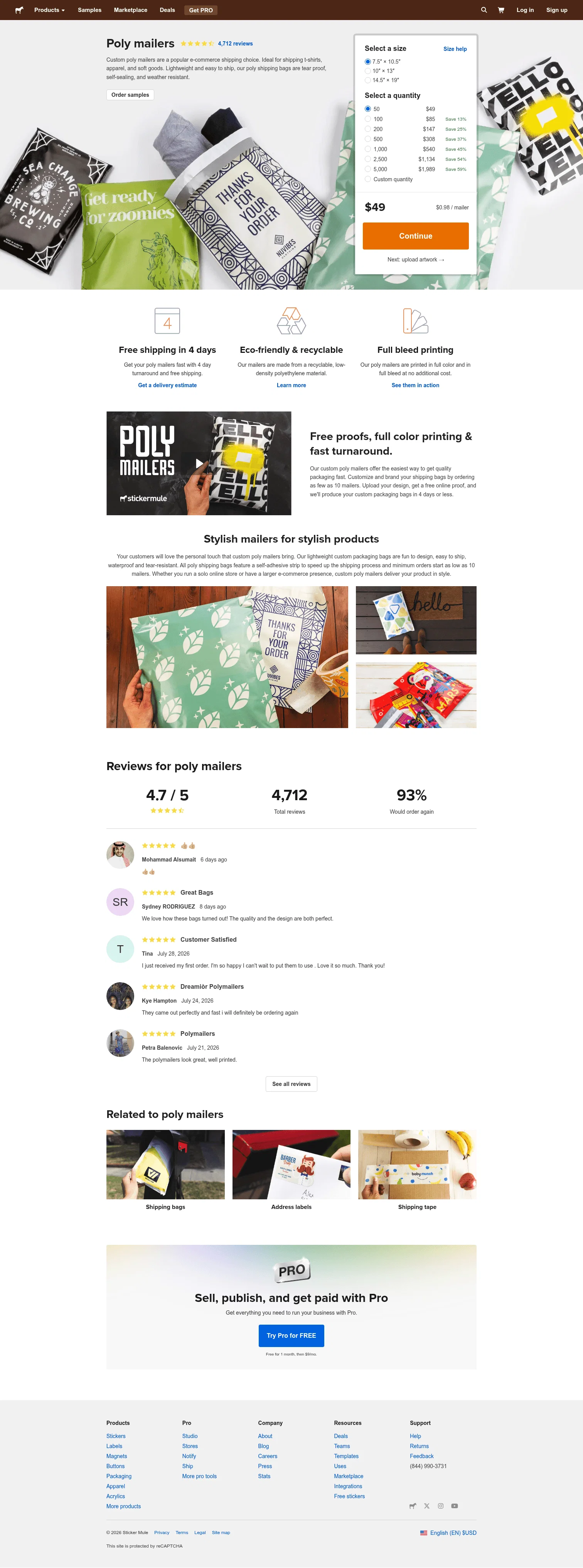stickermule.com/products/poly-mailers on desktop