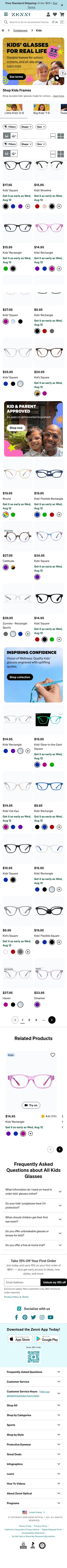 zennioptical.com/b/kids-glasses/all-kids on mobile, full screenshot