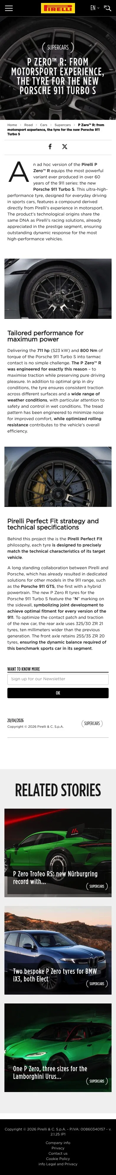 pirelli.com/global/en-ww/road/cars/supercars/p-zero-r-for-porsche-911-turbo-s-191309 on mobile, full screenshot