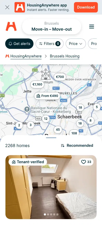 housinganywhere.com/s/Brussels--Belgium on mobile, full screenshot
