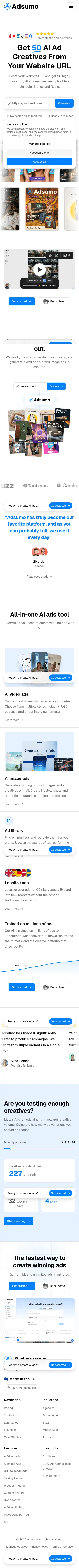 adsumo.ai/features/url-to-image-ads on mobile, full screenshot