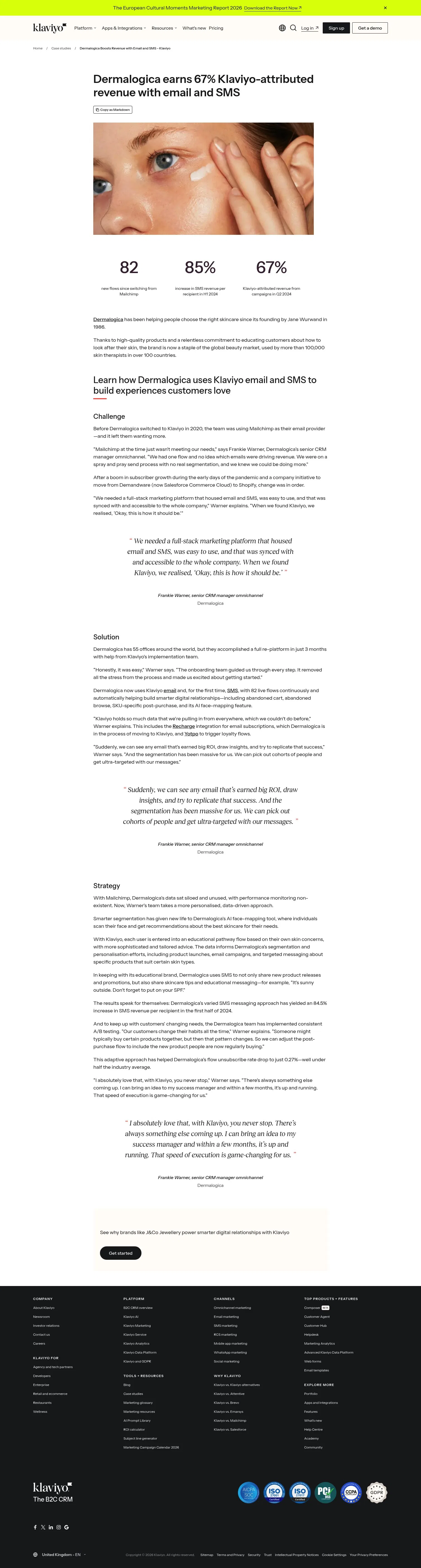 klaviyo.com/uk/customers/case-studies/dermalogica-email-sms on desktop, full screenshot