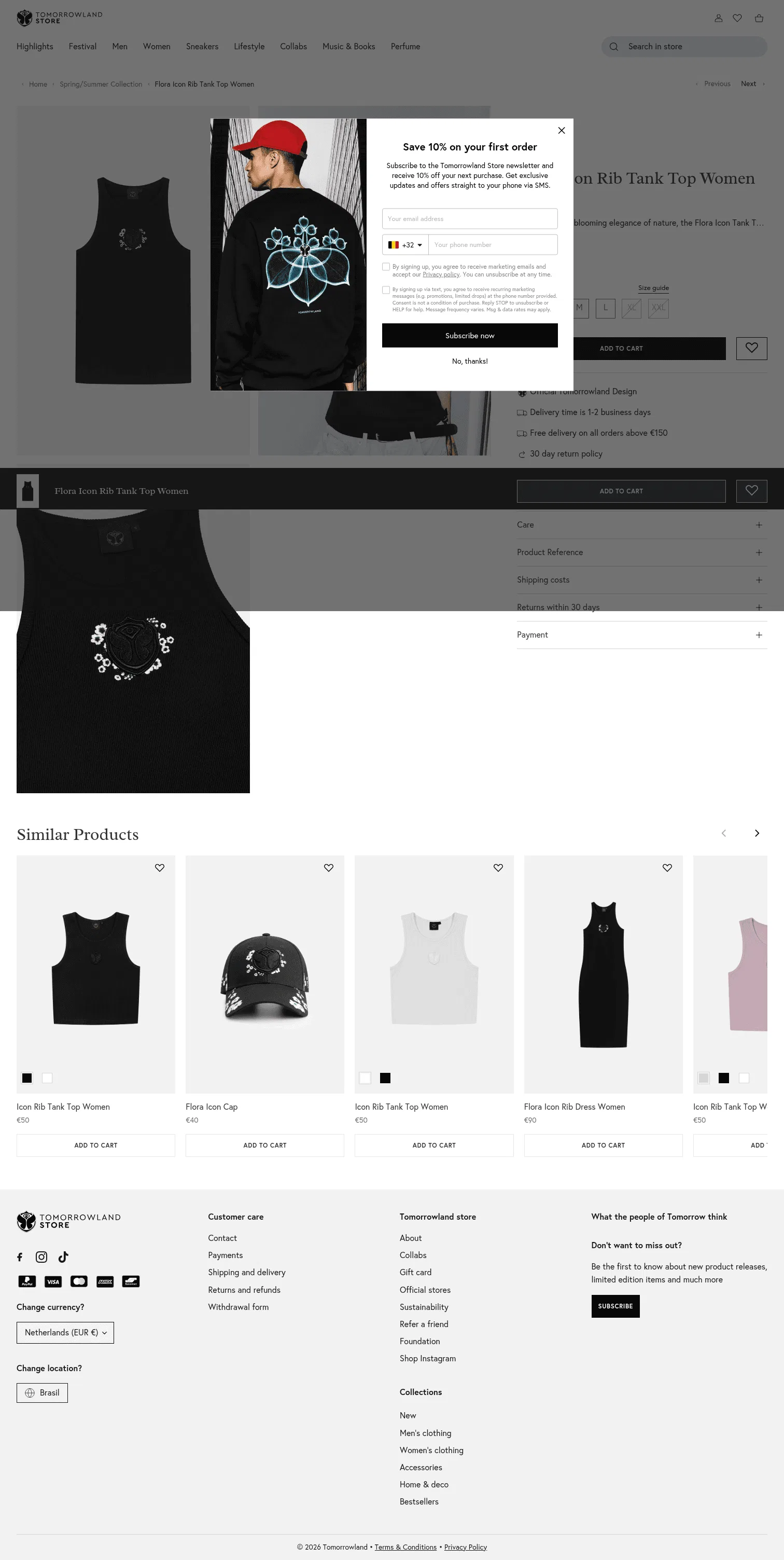 store.tomorrowland.com/en-nl/collections/spring-summer-collection-2026/products/flora-icon-rib-tank-top-women-black on desktop, full screenshot