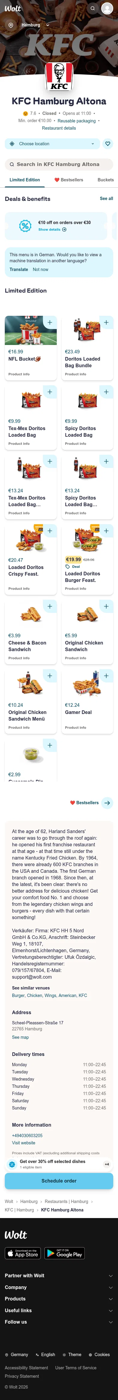 wolt.com/en/deu/hamburg/restaurant/kfc-altona on mobile, full screenshot
