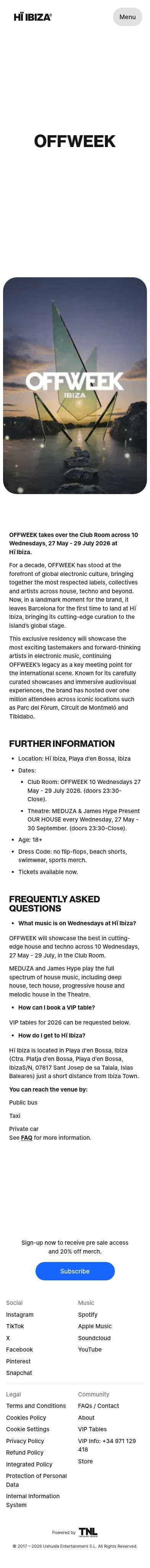 hiibiza.com/artists/2026/offweek on mobile, full screenshot